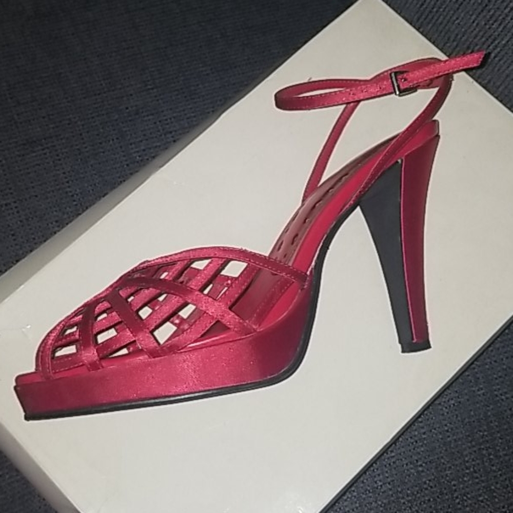 Red satin cage heels Amanda Smith